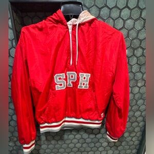 Vintage Women’s Red Pullover Hoodie Varsity Letter‎ Jacket Windbreaker Small